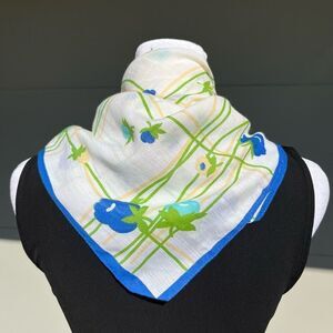Vintage Blue & Green Floral Grid Print Scarf 25"x25" Square Lightweight
